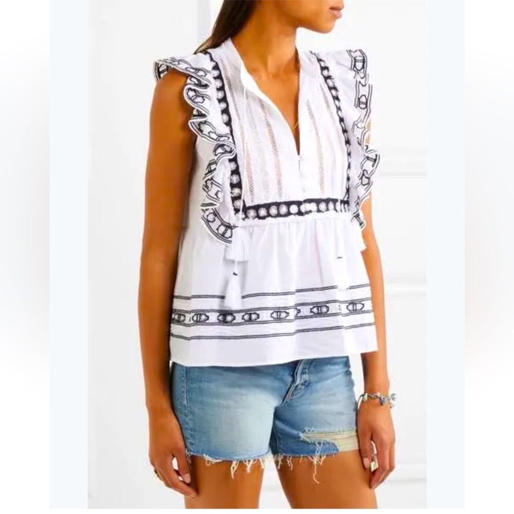 SEA New York Women’s Ruffled Crochet-trimmed Cotton-voile Boho Blouse White sz 2